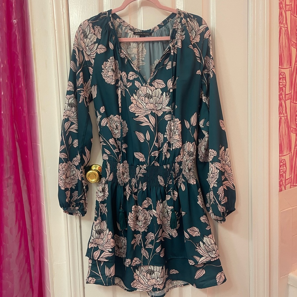 Boston Proper Teal and Pink Floral Long Sleeve Dress